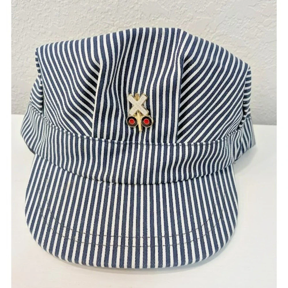 Youth‎ Train Conductor SnapBack, Railroad Pin,  Blue Striped Cap, Made In USA